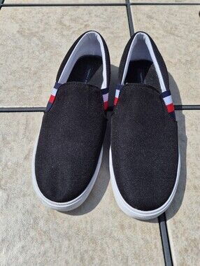Tommy Hilfiger Black Slip-On Canvas Sneakers with Flag Detail